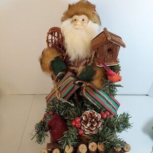 Rustic Woodland Santa Claus on Wooden Twig Sleigh Christmas Decor Birdhouse 12in